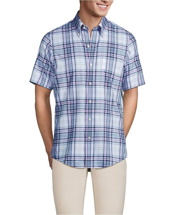 【送料無料】 ランズエンド メンズ シャツ トップス Men's Short Sleeve No Iron Twill Shirt Pale slate blue/lilac plaid
