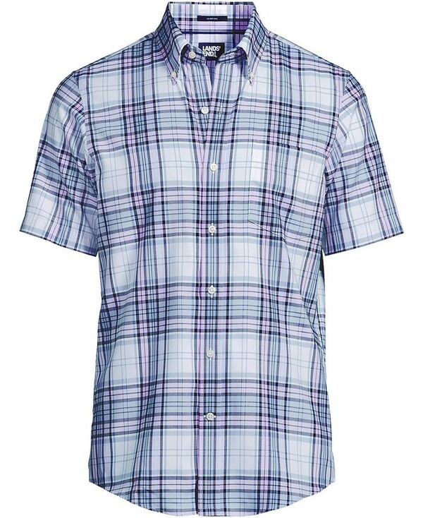 【送料無料】 ランズエンド メンズ シャツ トップス Men's Short Sleeve No Iron Twill Shirt Pale slate blue/lilac plaid