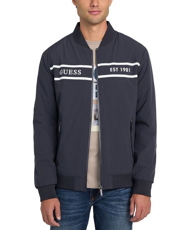 【送料無料】 ゲス メンズ ジャケット・ブルゾン アウター Men's Lightweight Logo Full-Zip Bomber Jacket Navy Sea