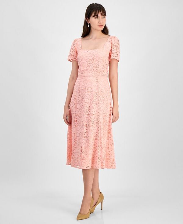 【送料無料】 アンクライン レディース ワンピース トップス Petite Lace Square-Neck Puff-Sleeve Smocked-Back Dress Blossom