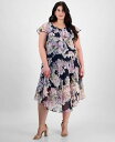 【送料無料】 コネクテッド レディース ワンピース トップス Plus Size Printed Ruffled Flutter-Sleeve Midi Dre...