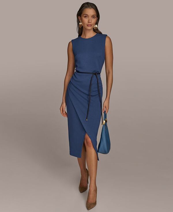 【送料無料】 ダナ キャラン ニューヨーク レディース ワンピース トップス Women's Jewel-Neck Faux-Wrap Dress Dark Denim