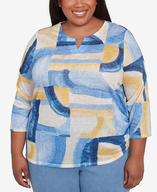 【送料無料】 アルフレッド ダナー レディース シャツ トップス Plus Size Flower Power Watercolor Patchwork Geometric Keyhole Neck Top Multi Blue