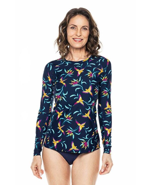 【送料無料】 クーリバー レディース シャツ トップス UPF 50+ Women's Hightide Long Sleeve Swim Shirt Navy birds of paradise