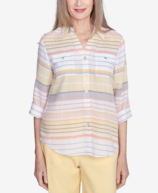 【送料無料】 アルフレッド ダナー レディース シャツ トップス Women's Dress Code Button Down Striped Cuffed Sleeve Top Multi Yellow