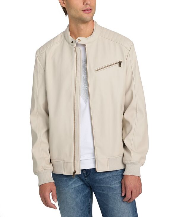 【送料無料】 ゲス メンズ ジャケット・ブルゾン アウター Men's Stretch Faux Leather Snap Collar Moto Jacket Tapioca Grey