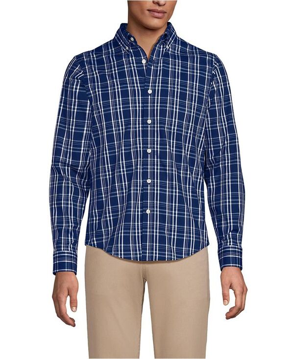 【送料無料】 ランズエンド メンズ シャツ トップス Men's Long Sleeve Travel Kit Shirt Deep sea navy/white plaid