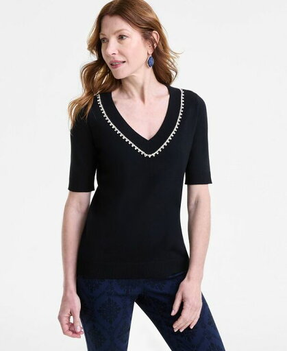【送料無料】 ジェイエムコレクション レディース ニット・セーター アウター Petite Embellished V-Neck Sweater Deep Black 【送料無料】 ジェイエムコレクション レディース ニット・セーター アウター Petite Embellished V-Neck Sweater Deep Black