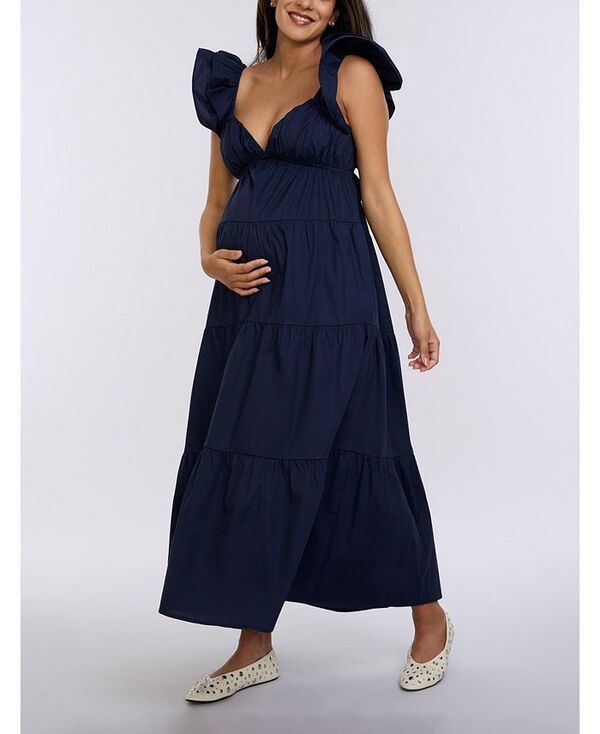 【送料無料】 マザーフッドマタニティー レディース ワンピース トップス Women's Ruffle Sleeve Tie-Back Maxi Maternity Dress - Motherhood Maternity Navy blazer