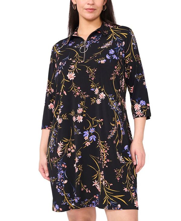 【送料無料】 ミスク レディース ワンピース トップス Plus Size Printed Collared 3/4-Sleeve Shift Dress Rich Black