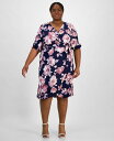【送料無料】 コネクテッド レディース ワンピース トップス Plus Size Printed Blouson-Sleeve Faux-Wrap Midi D...