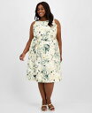 【送料無料】 アンクライン レディース ワンピース トップス Plus Size Floral-Print Linen-Blend Fit & Flare Dress White Dove Multi