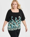 【送料無料】 ジェイエムコレクション レディース シャツ トップス Plus Size Printed Square-Neck Short-Sleeve Top Deep Black