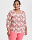 【送料無料】 ジェイエムコレクション レディース シャツ トップス Plus Size Jacquard Printed 3/4-Sleeve Top Pink Royal