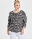【送料無料】 ジェイエムコレクション レディース シャツ トップス Plus Size Jacquard Printed 3/4-Sleeve Top Deep Black Combo