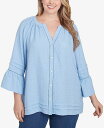 【送料無料】 ルビーアールディー レディース シャツ トップス Plus Size Clip Dot Button Front Flared Sleeve Top Light Chambray