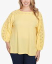 【送料無料】 ルビーアールディー レディース シャツ トップス Plus Size Solid Textured Eyelet 3/4 Sleeve Top Lemon