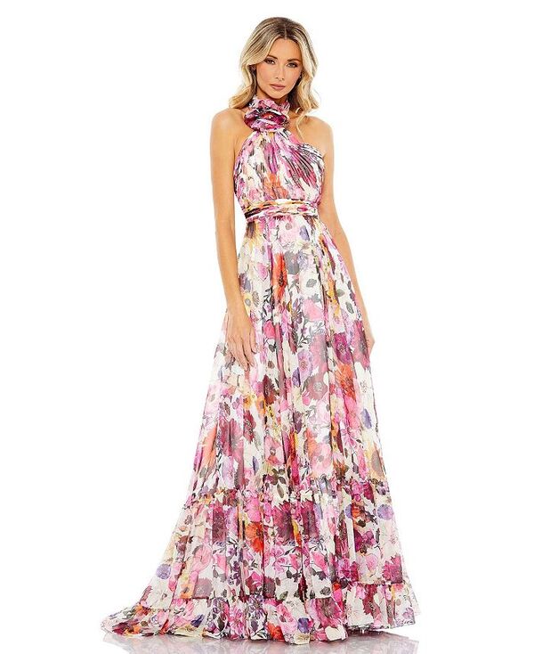 【送料無料】 マックダガル レディース ワンピース トップス Women's Asymmetrical Ruffled Halter Floral Gown White multi