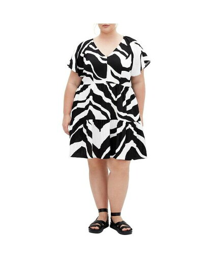 【送料無料】 シティーシック レディース ワンピース トップス Plus Size Frill Mini Print Dress Mono swirl 【送料無料】 シティーシック レディース ワンピース トップス Plus Size Frill Mini Print Dress Mono swirl