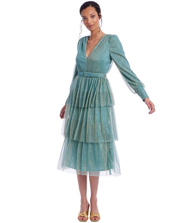 【送料無料】 ジュウェルダグレイミシュカ レディース ワンピース トップス Jewel Badgley Mishka Women's Metallic Tiered Midi Dress Green Blue