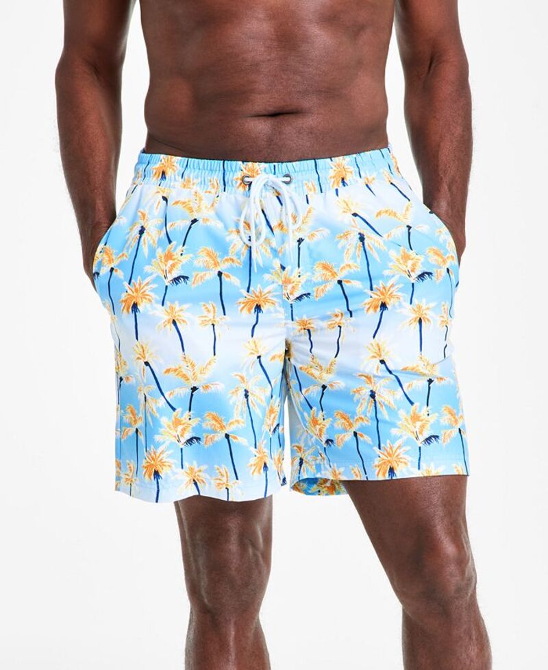 【送料無料】 クラブルーム メンズ ハーフパンツ・ショーツ 水着 Men's Aqua Palm Tree Drawstring 7" Swim Trunks True Light Blue
