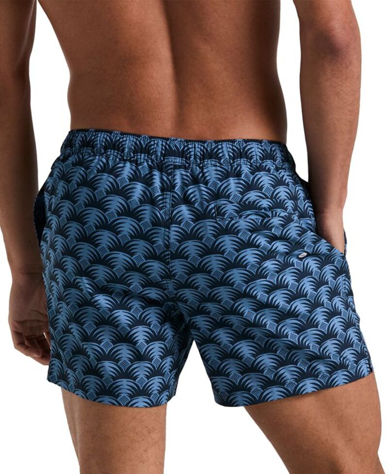 【送料無料】 オリジナルペンギン メンズ ハーフパンツ・ショーツ 水着 Men's Slim Fit Geo Palm Print Drawstring 5" Swim Trunks Dark Sapphire