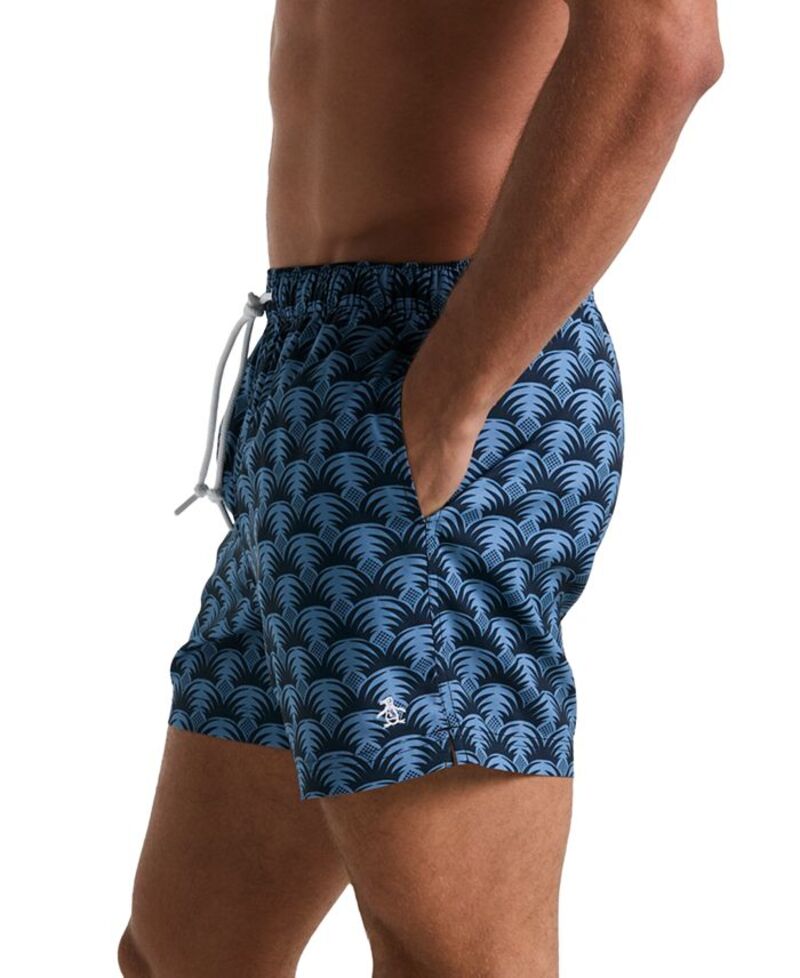 【送料無料】 オリジナルペンギン メンズ ハーフパンツ・ショーツ 水着 Men's Slim Fit Geo Palm Print Drawstring 5" Swim Trunks Dark Sapphire