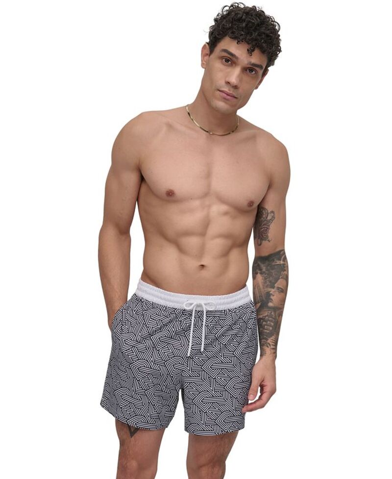 【送料無料】 ダナ キャラン ニューヨーク メンズ ハーフパンツ・ショーツ 水着 Men's Euro Black & White Bandana Print Performance 5" Volley Shorts Crosswalk