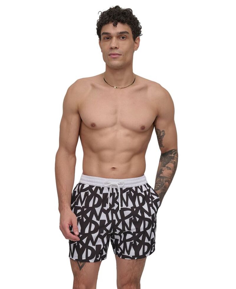 【送料無料】 ダナ キャラン ニューヨーク メンズ ハーフパンツ・ショーツ 水着 Men's Euro Black & White Bandana Print Performance 5" Volley Shorts Graffiti