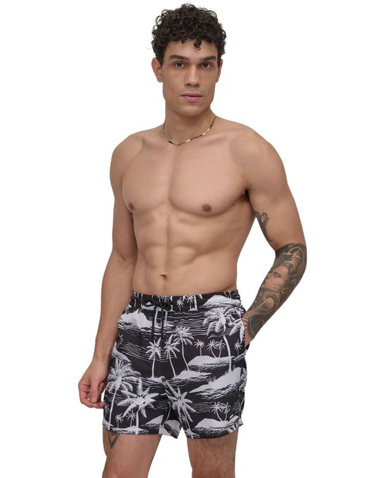 【送料無料】 ダナ キャラン ニューヨーク メンズ ハーフパンツ・ショーツ 水着 Men's Euro Black & White Bandana Print Performance 5" Volley Shorts Island