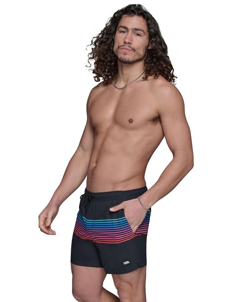【送料無料】 カール ラガーフェルド メンズ ハーフパンツ・ショーツ 水着 Men's Regular-Fit Quick-Dry 5" Swim Trunks with Boxer Brief Liner Multi Stripe