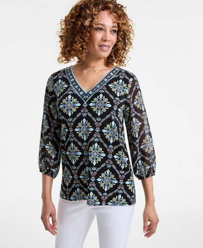 【送料無料】 ジェイエムコレクション レディース シャツ トップス Plus Size Embellished V-Neck 3/4-Sleeve Top Deep Black 【送料無料】 ジェイエムコレクション レディース シャツ トップス Plus Size Embellished V-Neck 3/4-Sleeve Top Deep Black