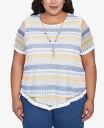 【送料無料】 アルフレッド ダナー レディース シャツ トップス Plus Size Flower Power Textured Biadere Fringe Crew Neck Top with Necklace Multi Blue