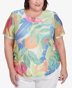 【送料無料】 アルフレッド ダナー レディース シャツ トップス Plus Size Parrot Cay Textured Tropical Beaded Neck Top Multi Green