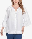 【送料無料】 ルビーアールディー レディース シャツ トップス Plus Size Clip Dot Button Front Flared Sleeve Top White