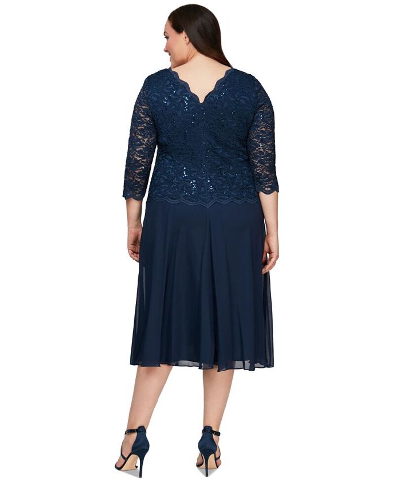 【送料無料】 アレックスイブニングス レディース ワンピース トップス Plus Size Sequined Lace A-Line Dress Navy