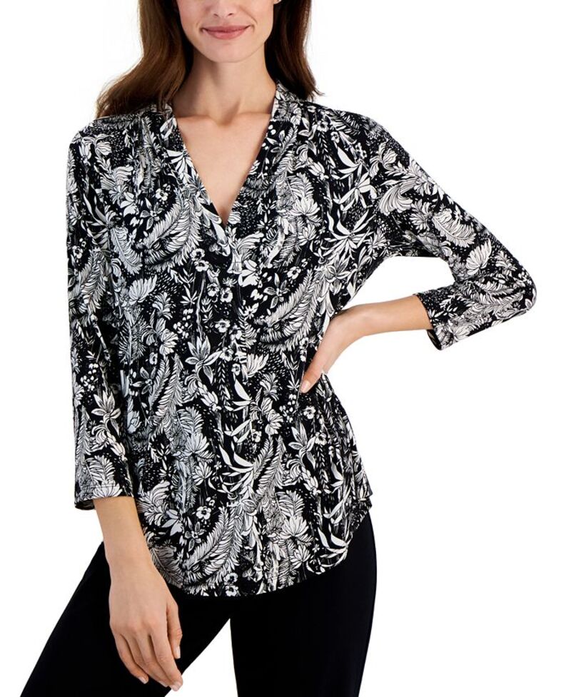 【送料無料】 ジェイエムコレクション レディース シャツ トップス Women's Printed Split-Neck Top Black Feather Floral Combo