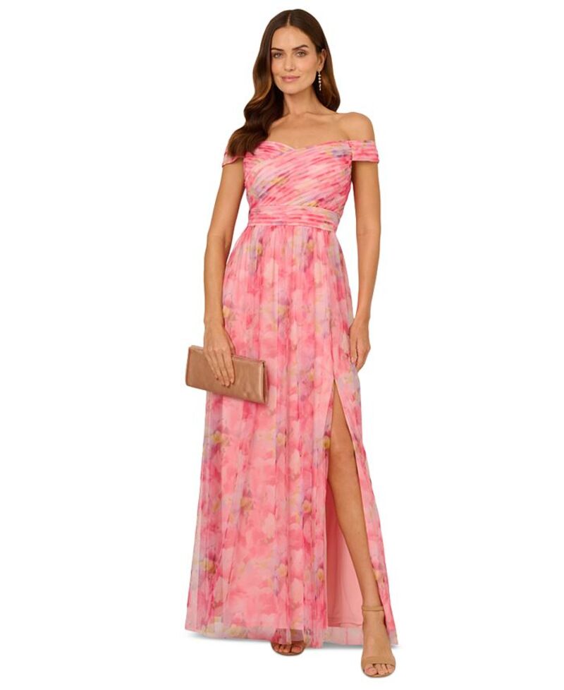 【送料無料】 アドリアナ パペル レディース ワンピース トップス Petite Off-the-Shoulder Tulle Gown Pink Multi