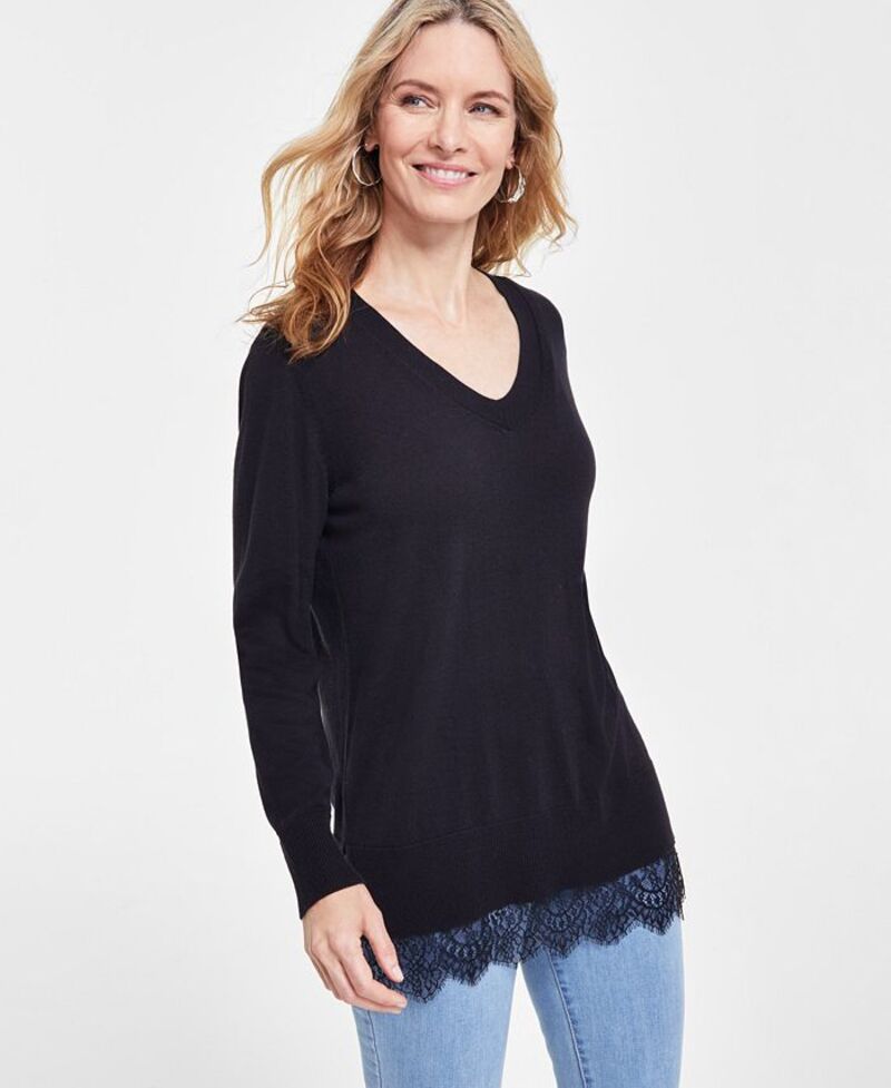 【送料無料】 アイ.エヌ.シー インターナショナル コンセプト レディース ニット・セーター アウター Women's Lace-Trim Tunic Sweater Deep Black