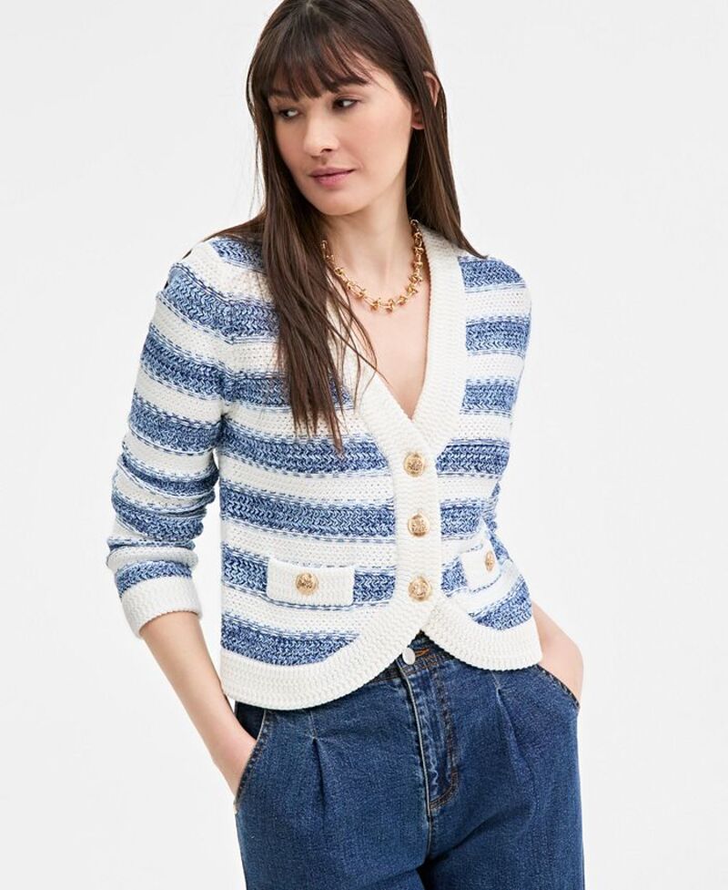 【送料無料】 On 34th レディース ニット・セーター アウター Women's Cotton Striped Curved-Hem Cardigan Navy Combo