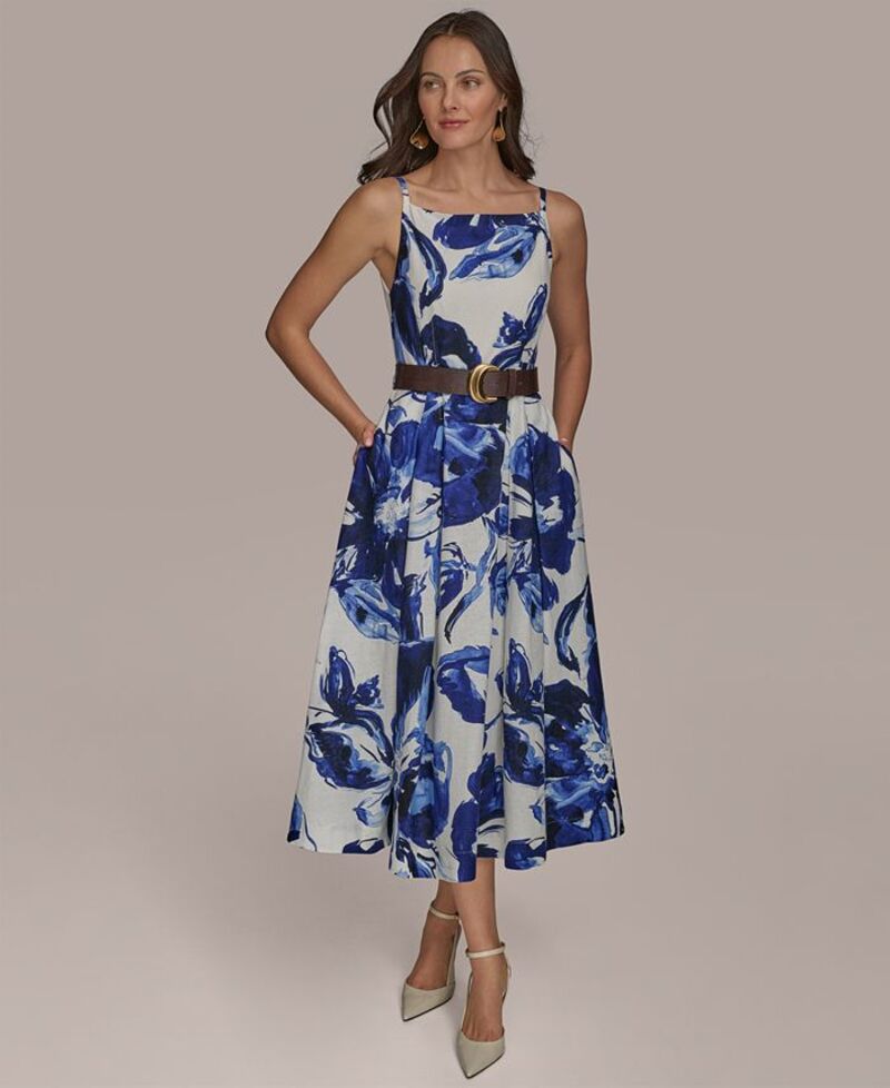 【送料無料】 ダナ キャラン ニューヨーク レディース ワンピース トップス Women's Belted Midi A-Line Dress Cream Electric