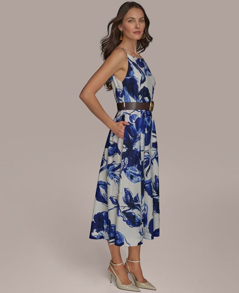 【送料無料】 ダナ キャラン ニューヨーク レディース ワンピース トップス Women's Belted Midi A-Line Dress Cream Electric