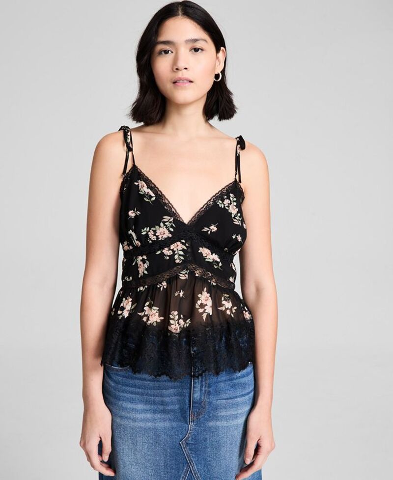 ̵ ɥΥǥ ǥ  ȥåץ Women's Lace-Trim Floral Print Sleevele...