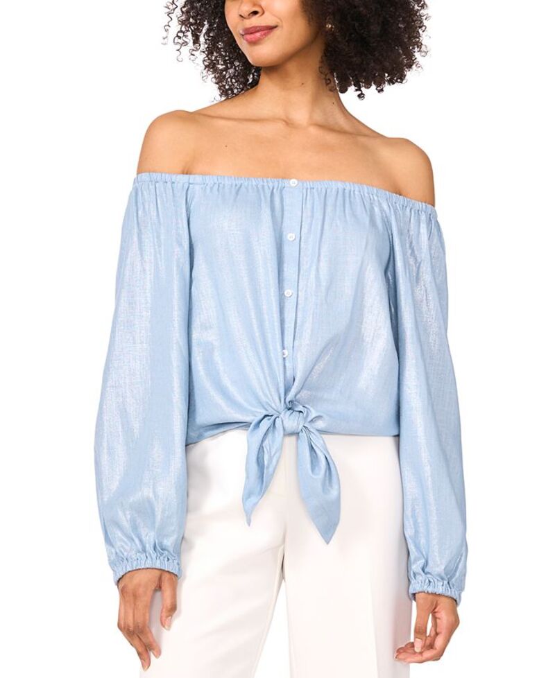【送料無料】 ヴィンスカムート レディース シャツ トップス Women's Off-The-Shoulder Tie-Hem Button-Front Top Lake Breeze