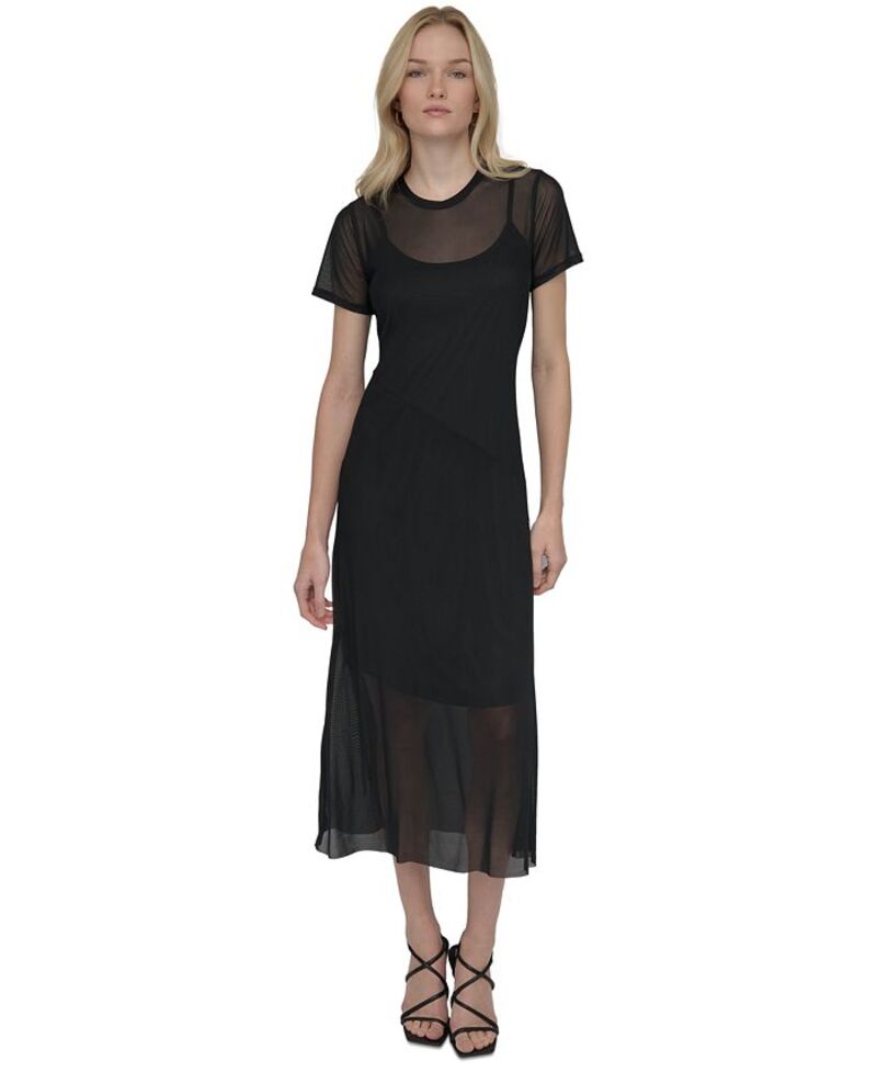 【送料無料】 ダナ キャラン ニューヨーク レディース ワンピース トップス Women's Mesh Jewel-Neck Short-Sleeve Midi Dress Black