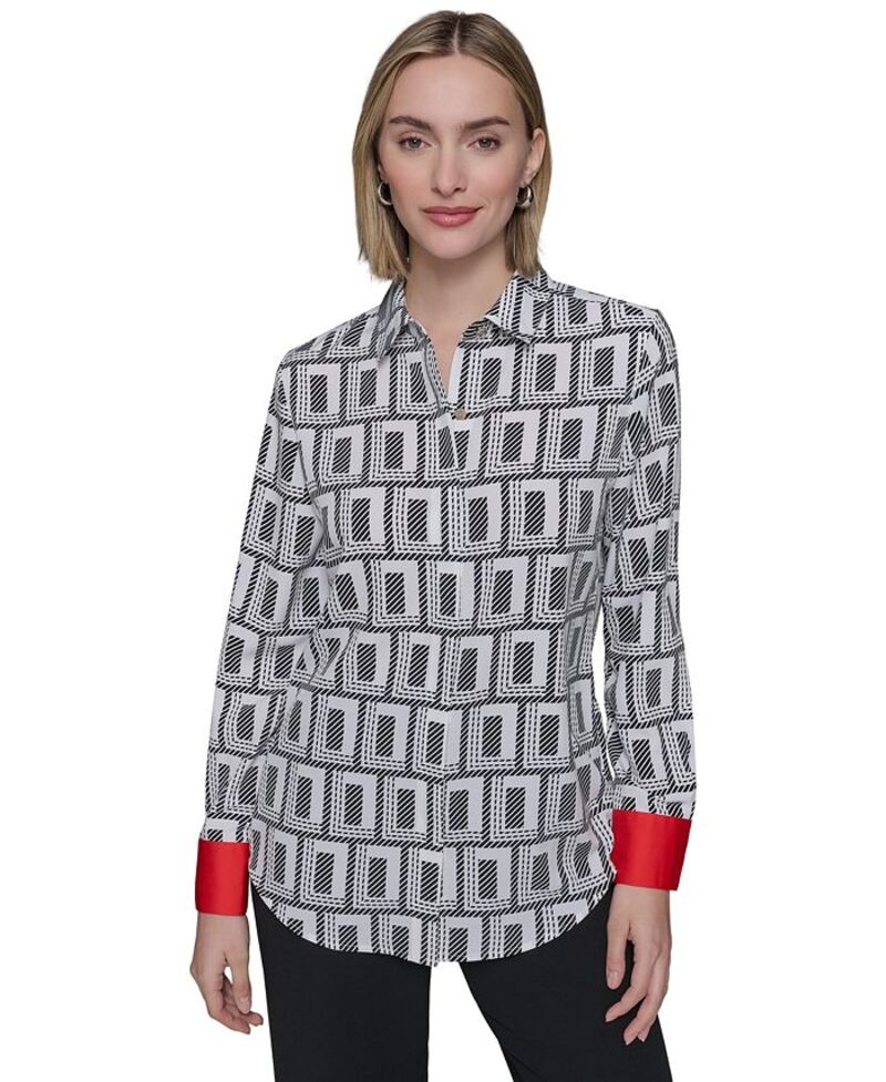 【送料無料】 カール ラガーフェルド レディース シャツ トップス Women's Geo-Print Contrast-Cuff Top Soft White/ Black Combo