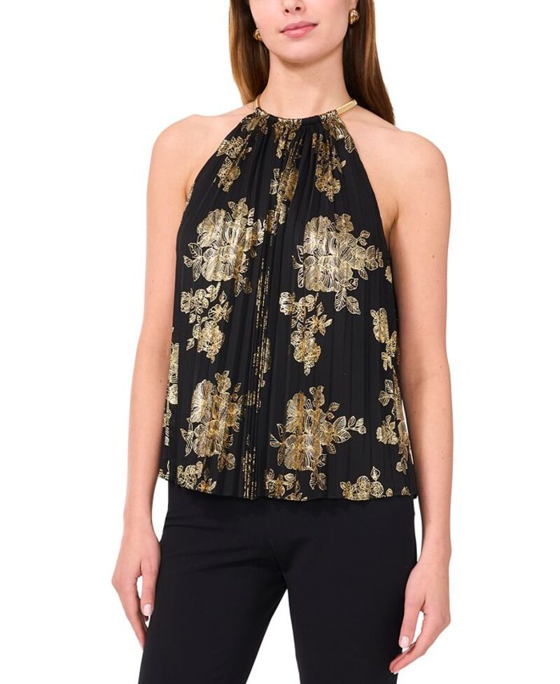 【送料無料】 ミスク レディース シャツ トップス Women's Metallic Floral-Print Pleated Top Black Gold