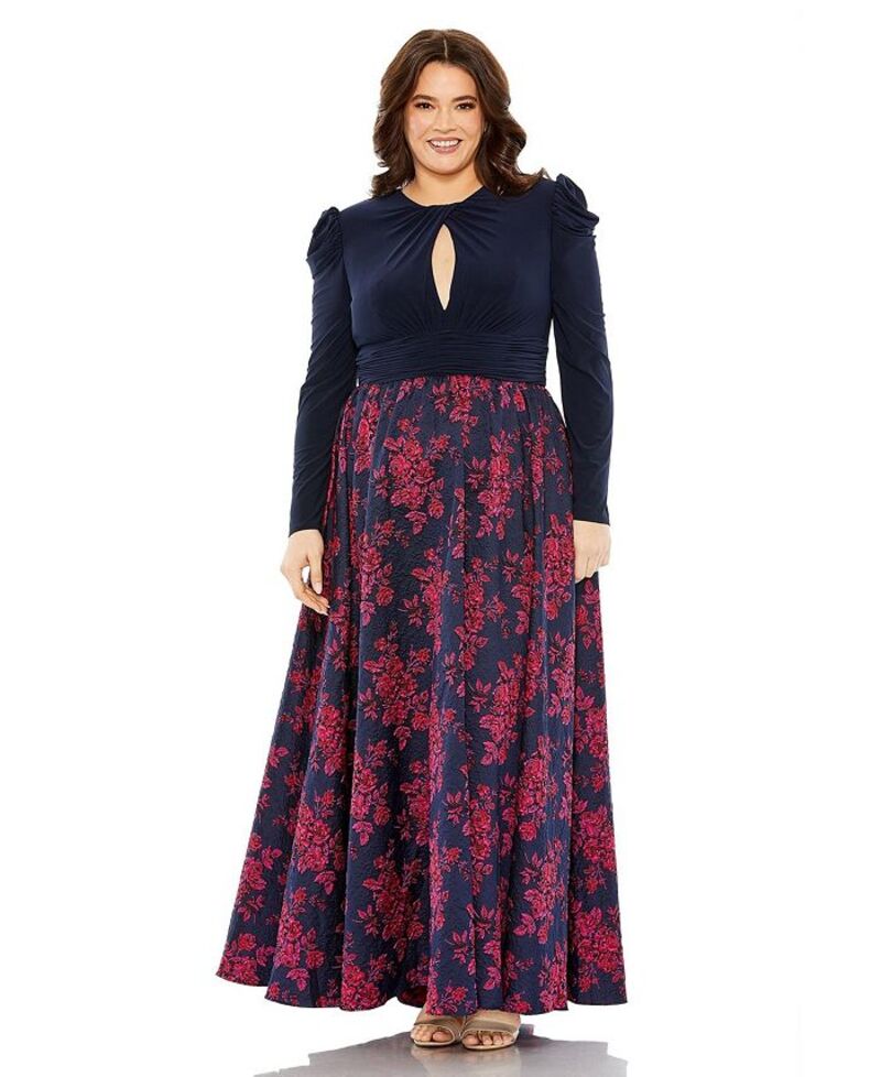 【送料無料】 マックダガル レディース ワンピース トップス Plus Size Long Sleeve Keyhole Knot Neck Floral Bottom Gown Midnight