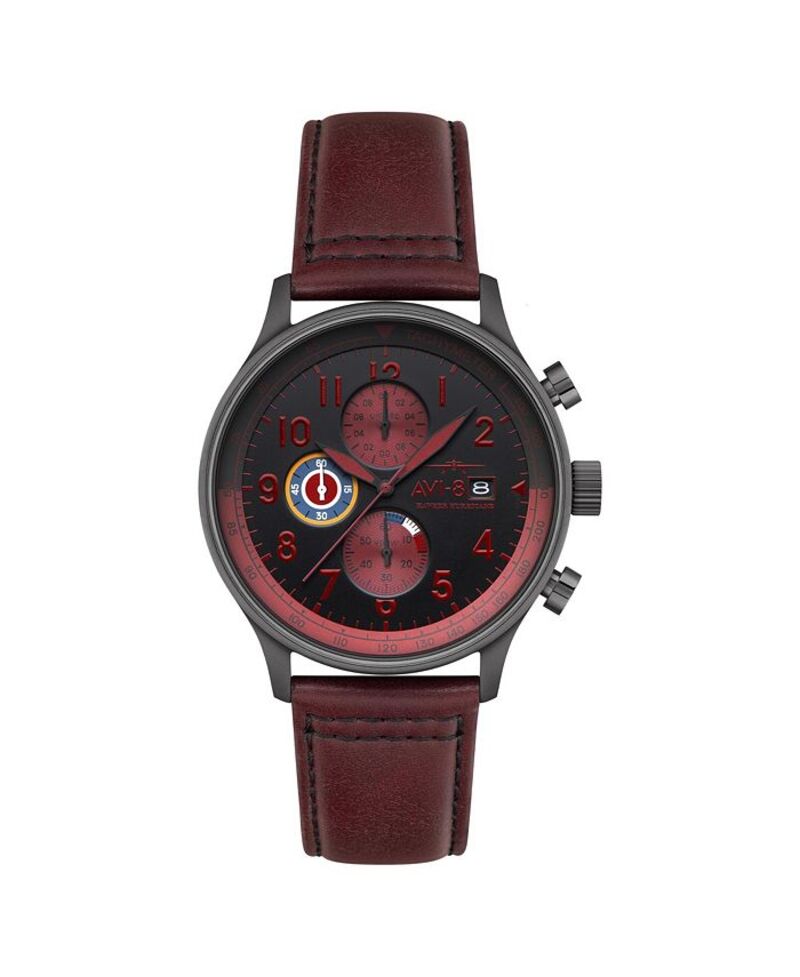 【送料無料】 アヴィエイト メンズ 腕時計 アクセサリー Men's Hawker Hurricane Classic Chronograph Red Leather Strap Watch 43.5mm Black