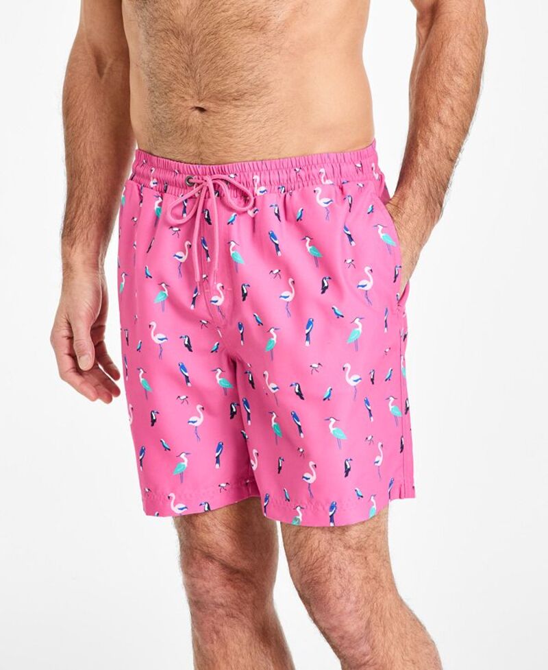 【送料無料】 クラブルーム メンズ ハーフパンツ・ショーツ 水着 Men's Bird Party Print Drawstring 7" Swim Trunks Berry Romance